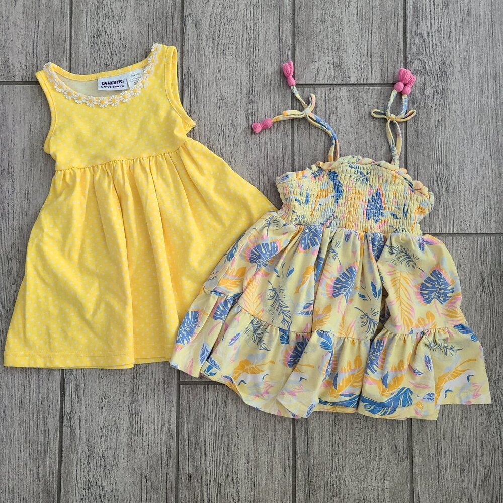 Tommy Bahama & Blueberi Boulevard yellow Tropical & Polka Dot baby dresses 12M - Picture 1 of 6
